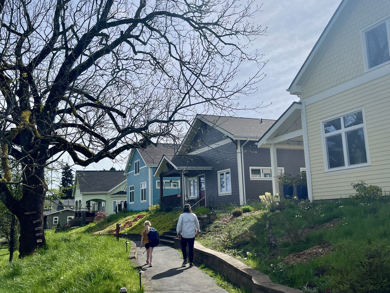 Two people walking a paved path between the houses, porches and front gardens on one side, lawn and an old tree on the other.